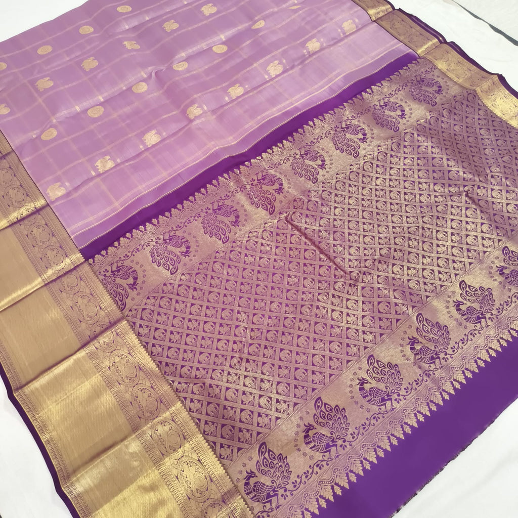 Pure Kanchipuram Handloom Silk Saree – Lilac & Purple Contrast with Checks Pattern