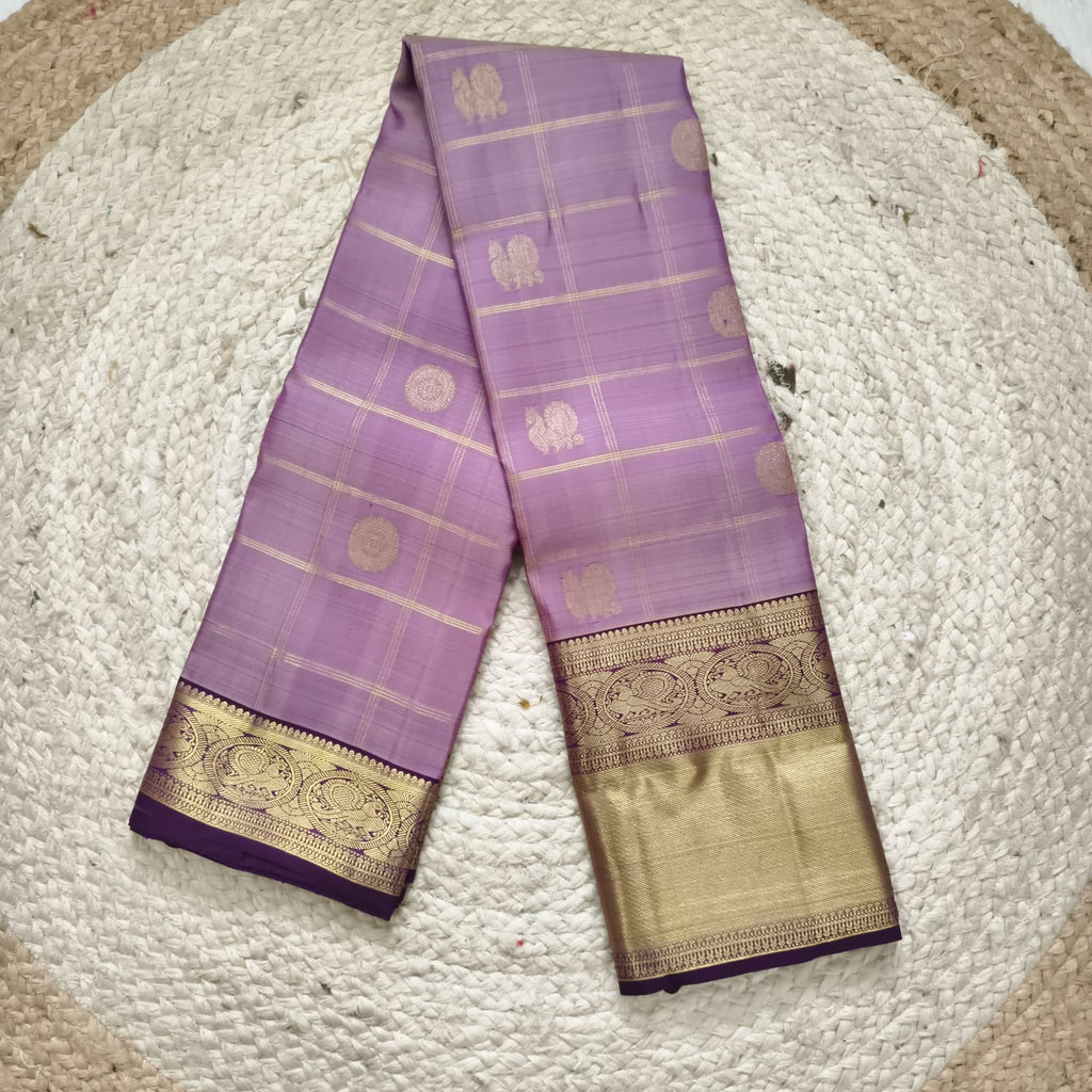 Pure Kanchipuram Handloom Silk Saree – Lilac & Purple Contrast with Checks Pattern