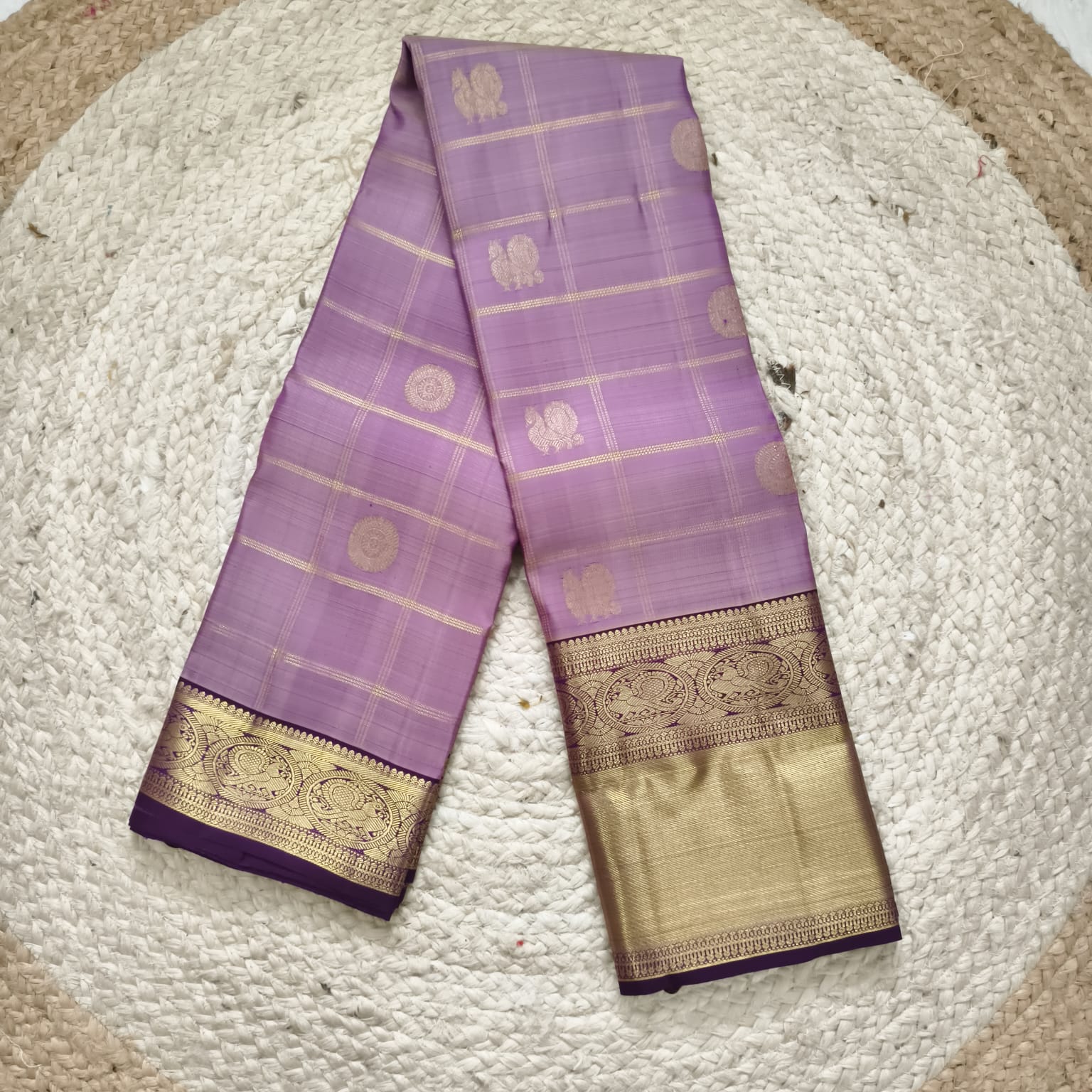 Pure Kanchipuram Handloom Silk Saree – Lilac & Purple Contrast with Checks Pattern