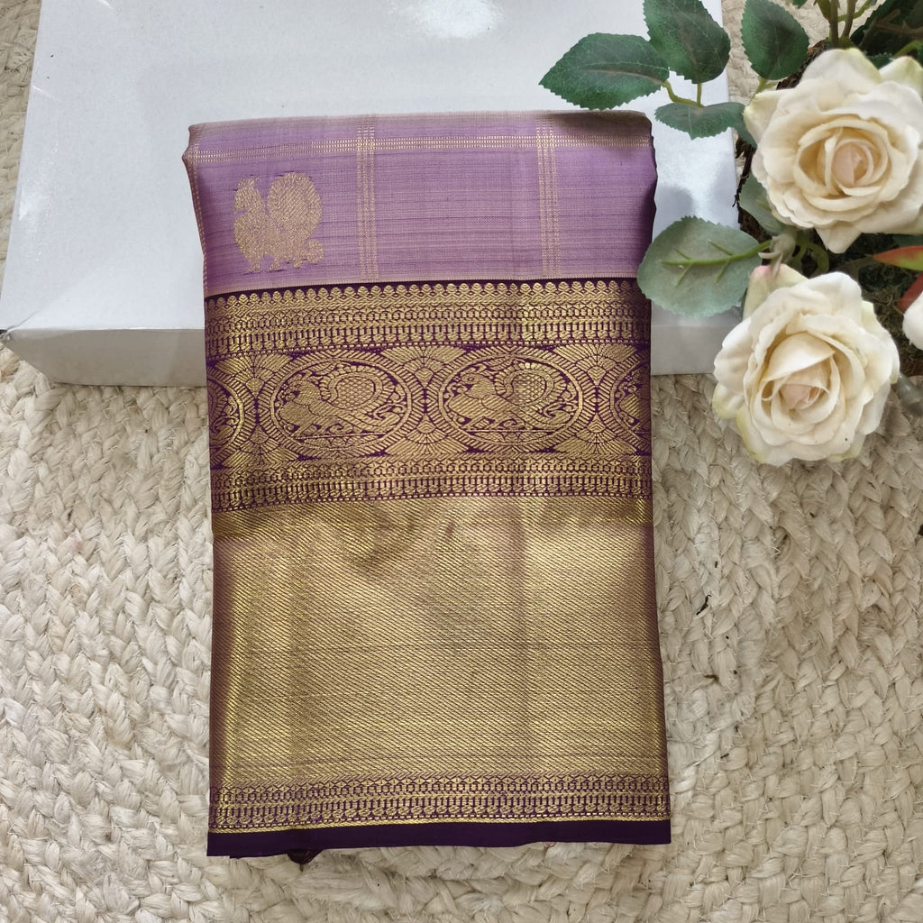 Pure Kanchipuram Handloom Silk Saree – Lilac & Purple Contrast with Checks Pattern