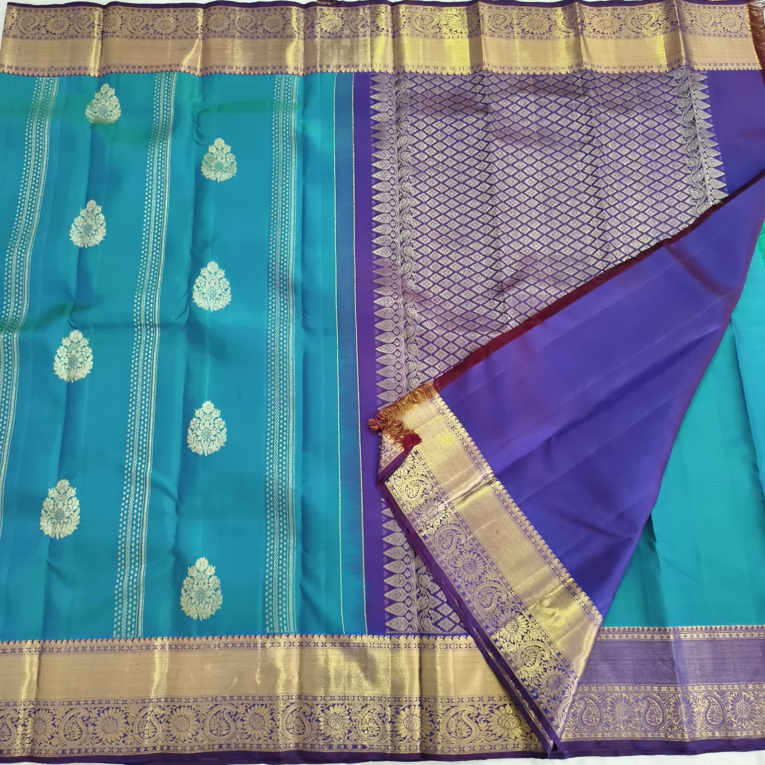 Pure Kanchipuram Handloom Silk Saree – Peacock Blue and Purple Contrast