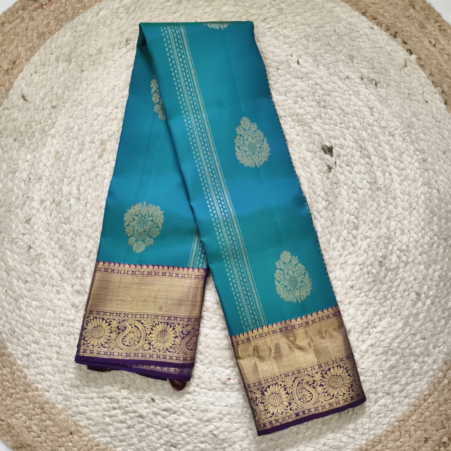 Pure Kanchipuram Handloom Silk Saree – Peacock Blue and Purple Contrast