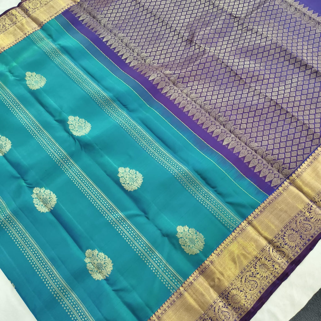 Pure Kanchipuram Handloom Silk Saree – Peacock Blue and Purple Contrast