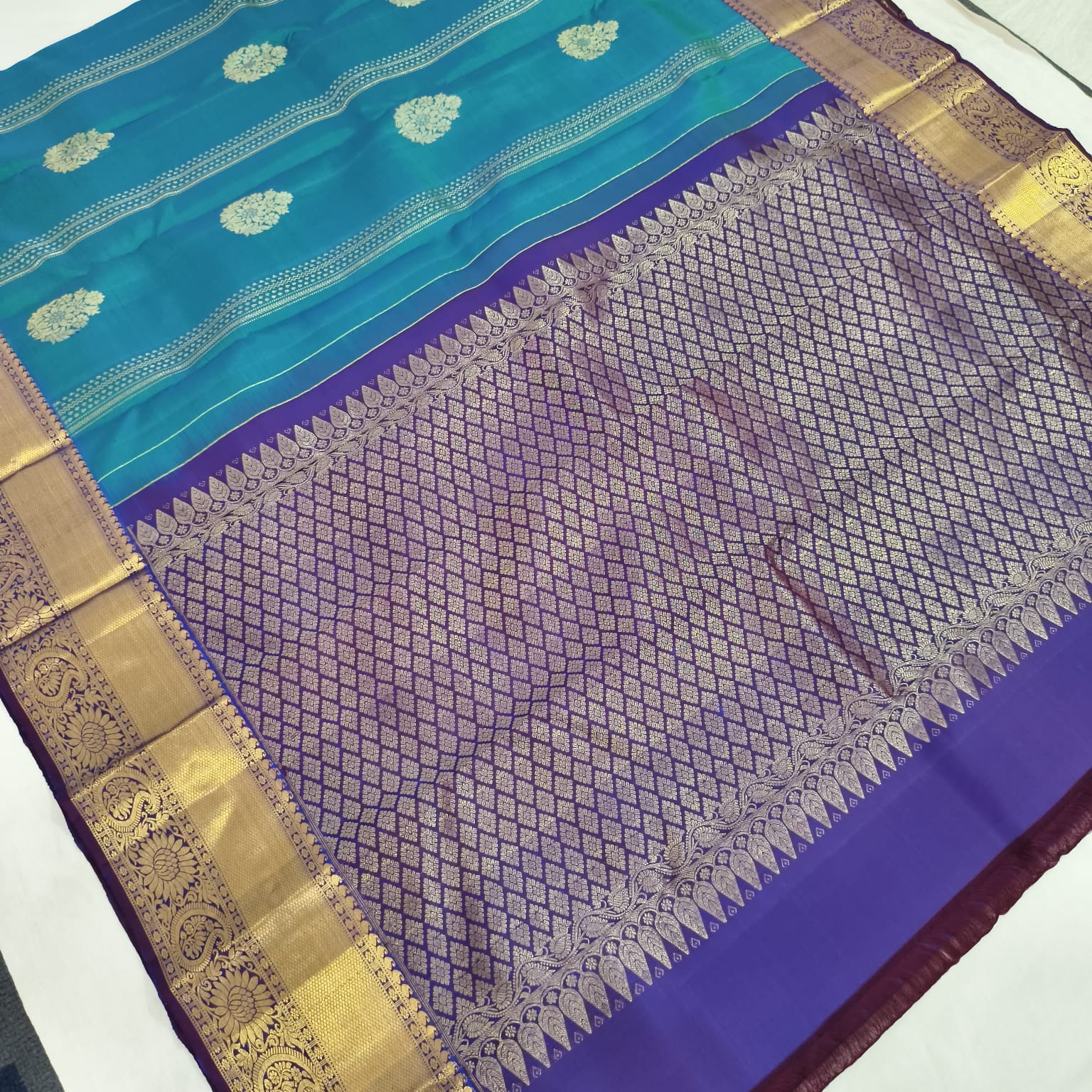 Pure Kanchipuram Handloom Silk Saree – Peacock Blue and Purple Contrast