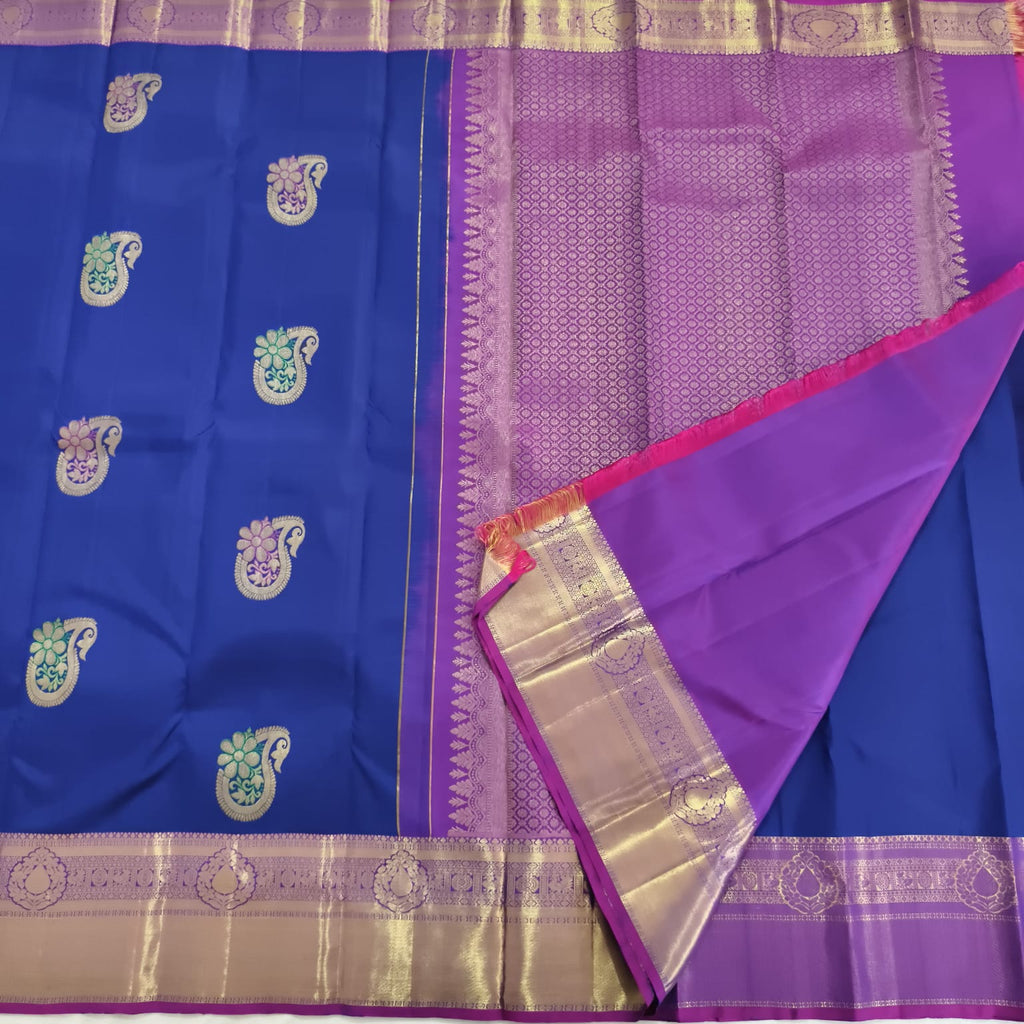 Pure Kanchipuram Handloom Silk Saree – Dark Blue & Magenta with Meenakari Butta