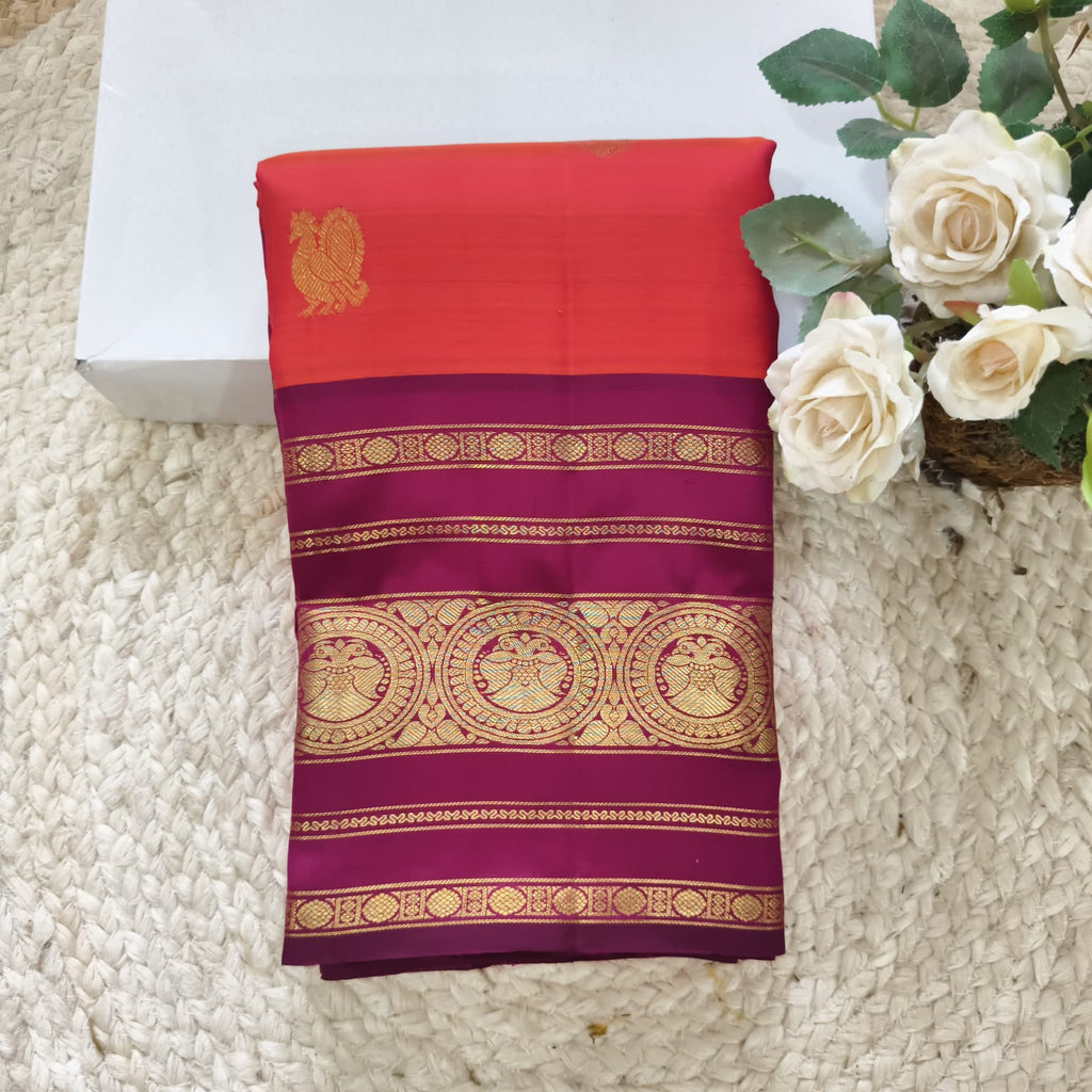 Pure Kanchipuram Handloom Silk Saree – Orange and Magenta Contrast