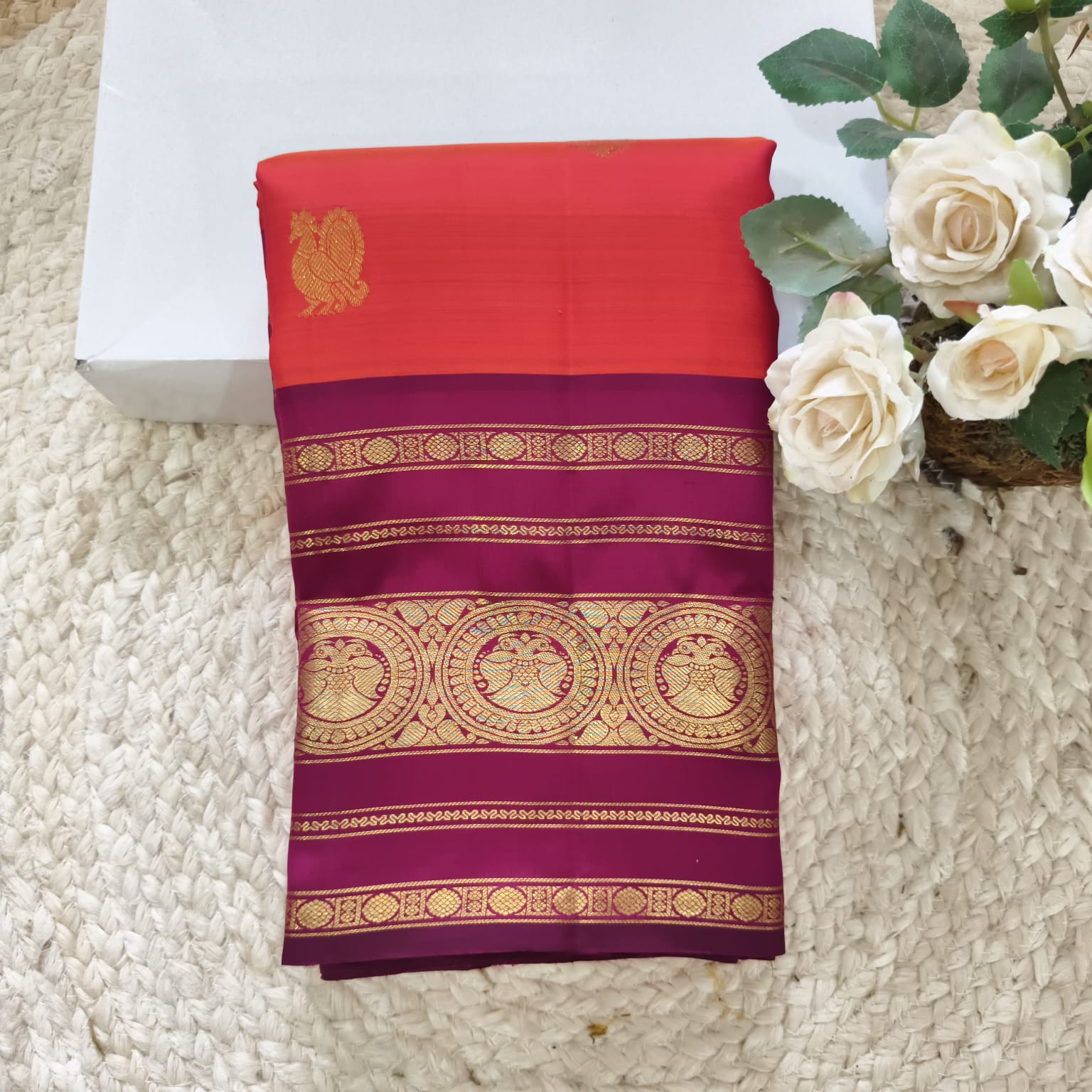 Pure Kanchipuram Handloom Silk Saree – Orange and Magenta Contrast