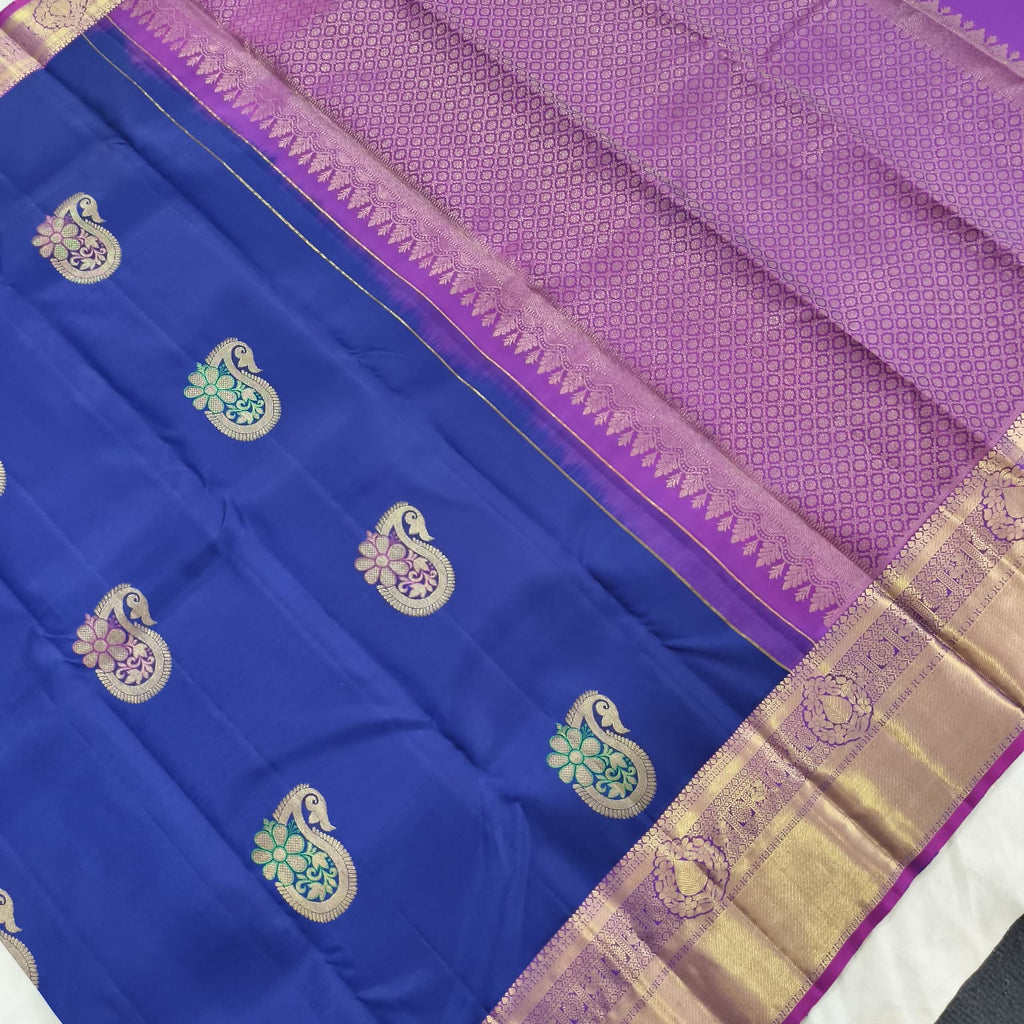 Pure Kanchipuram Handloom Silk Saree – Dark Blue & Magenta with Meenakari Butta