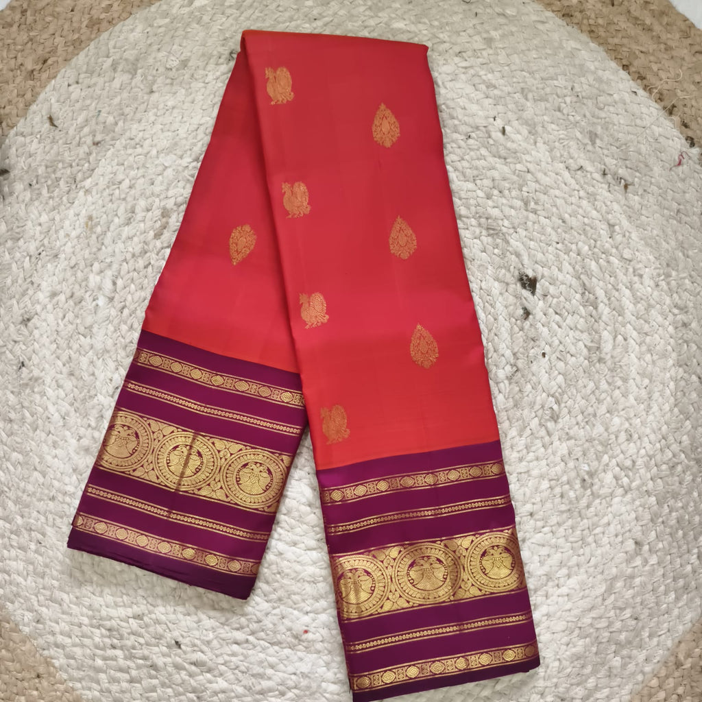 Pure Kanchipuram Handloom Silk Saree – Orange and Magenta Contrast