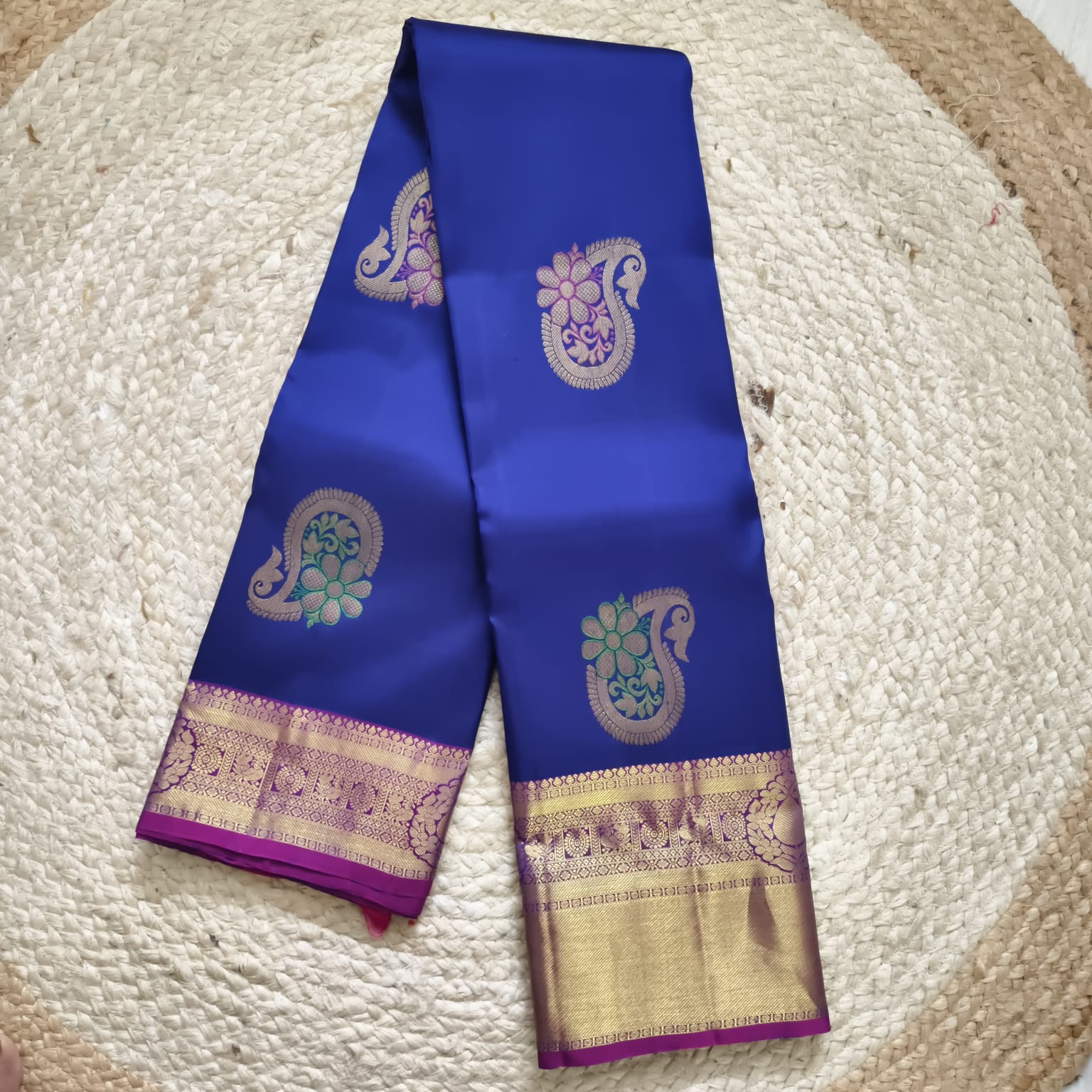 Pure Kanchipuram Handloom Silk Saree – Dark Blue & Magenta with Meenakari Butta