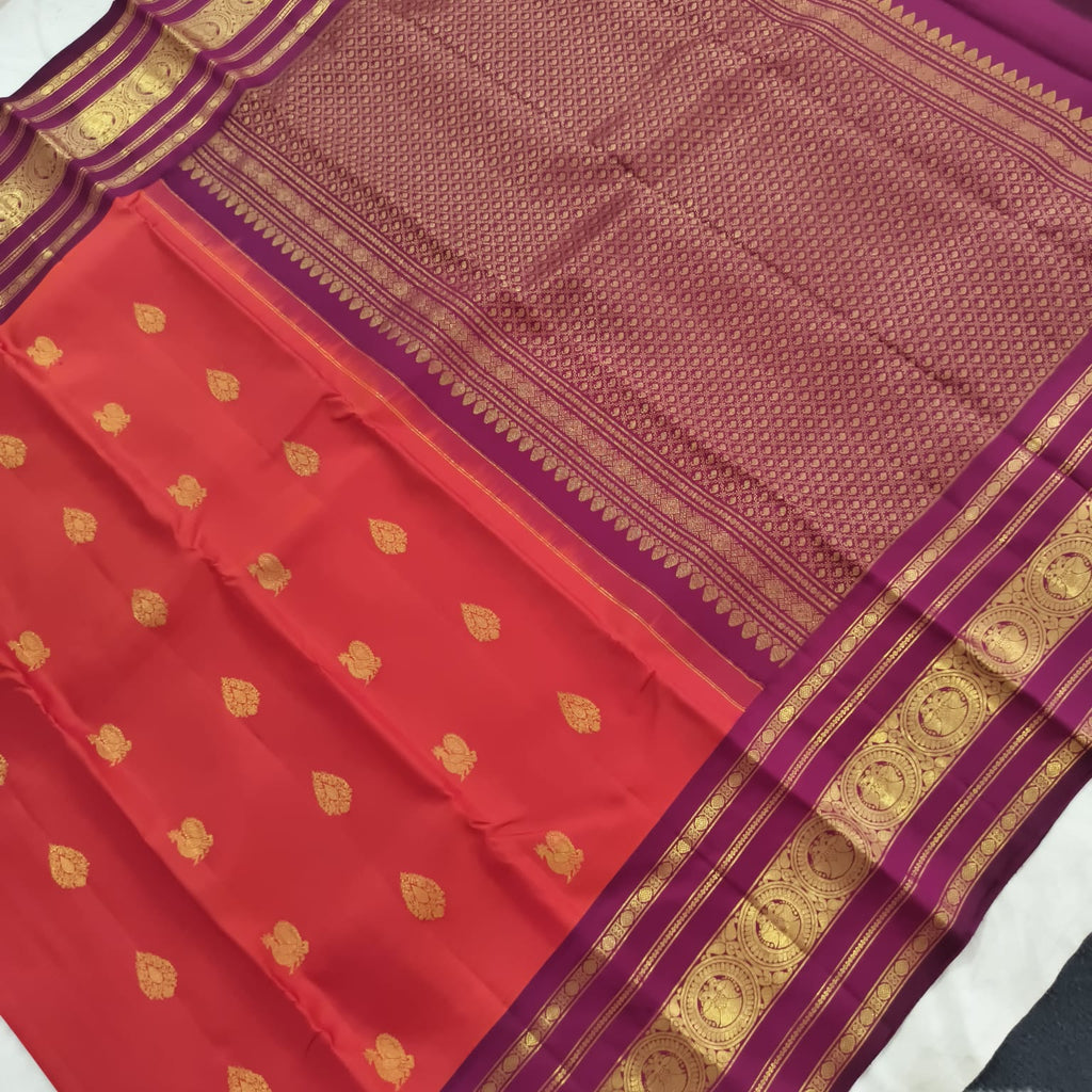 Pure Kanchipuram Handloom Silk Saree – Orange and Magenta Contrast