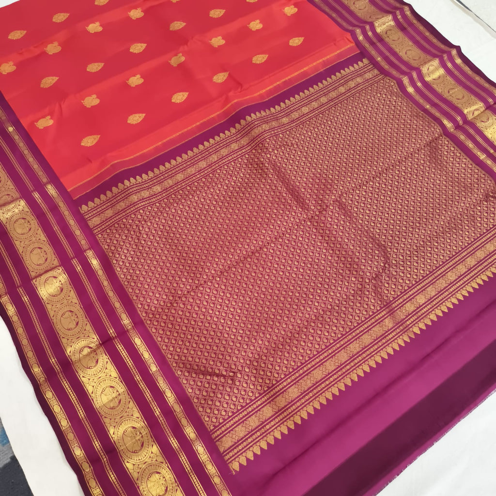 Pure Kanchipuram Handloom Silk Saree – Orange and Magenta Contrast