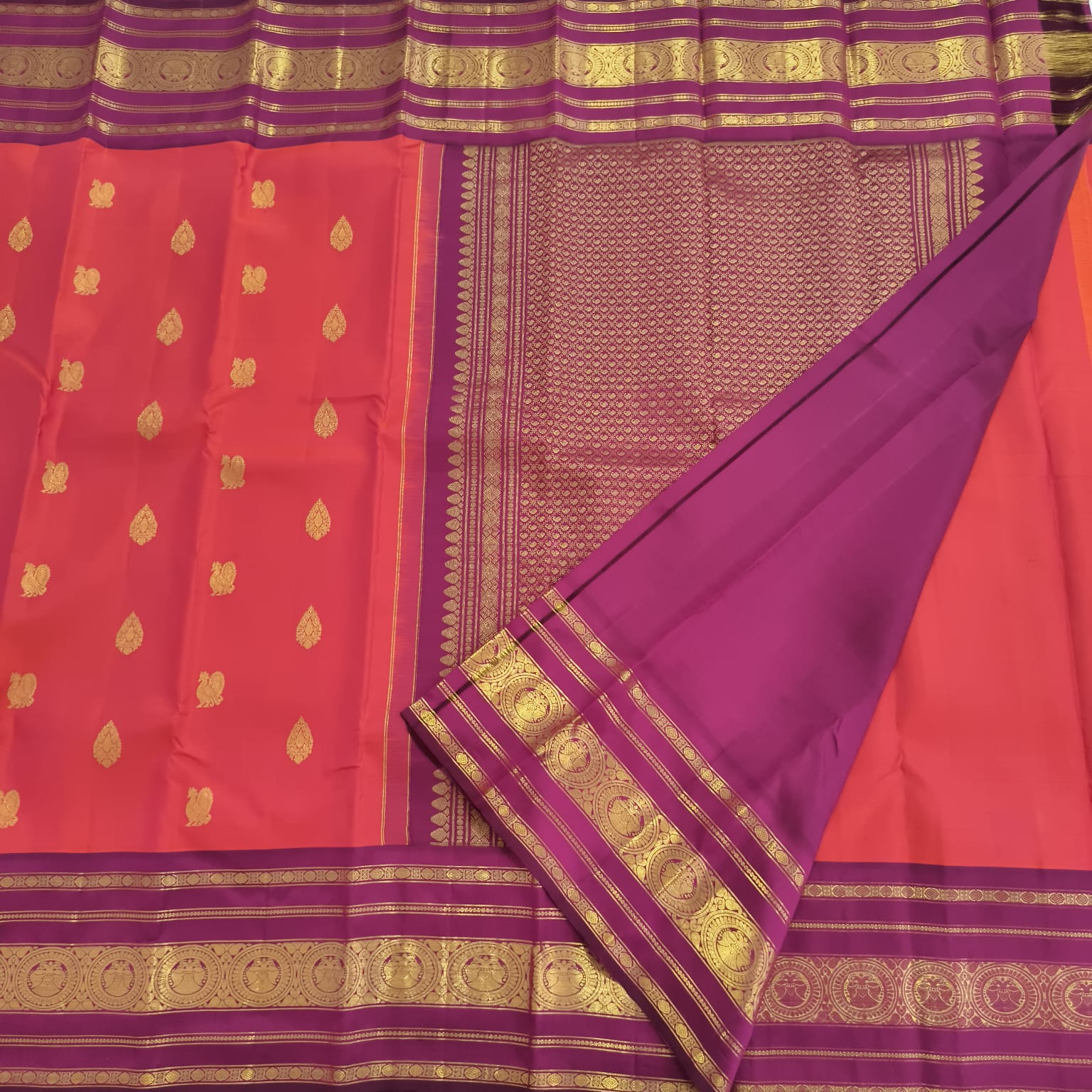 Pure Kanchipuram Handloom Silk Saree – Orange and Magenta Contrast