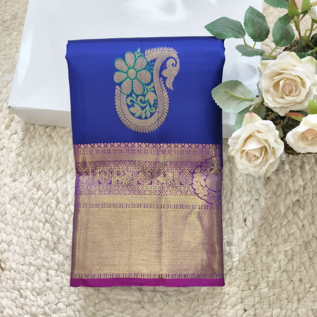 Pure Kanchipuram Handloom Silk Saree – Dark Blue & Magenta with Meenakari Butta
