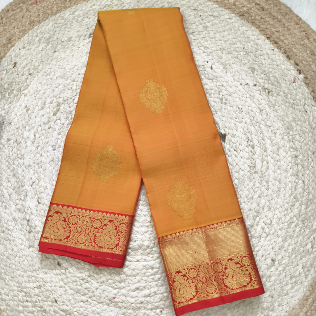 Pure Handloom Kanchipuram Silk Saree - Yellow and Dark Red Contrast