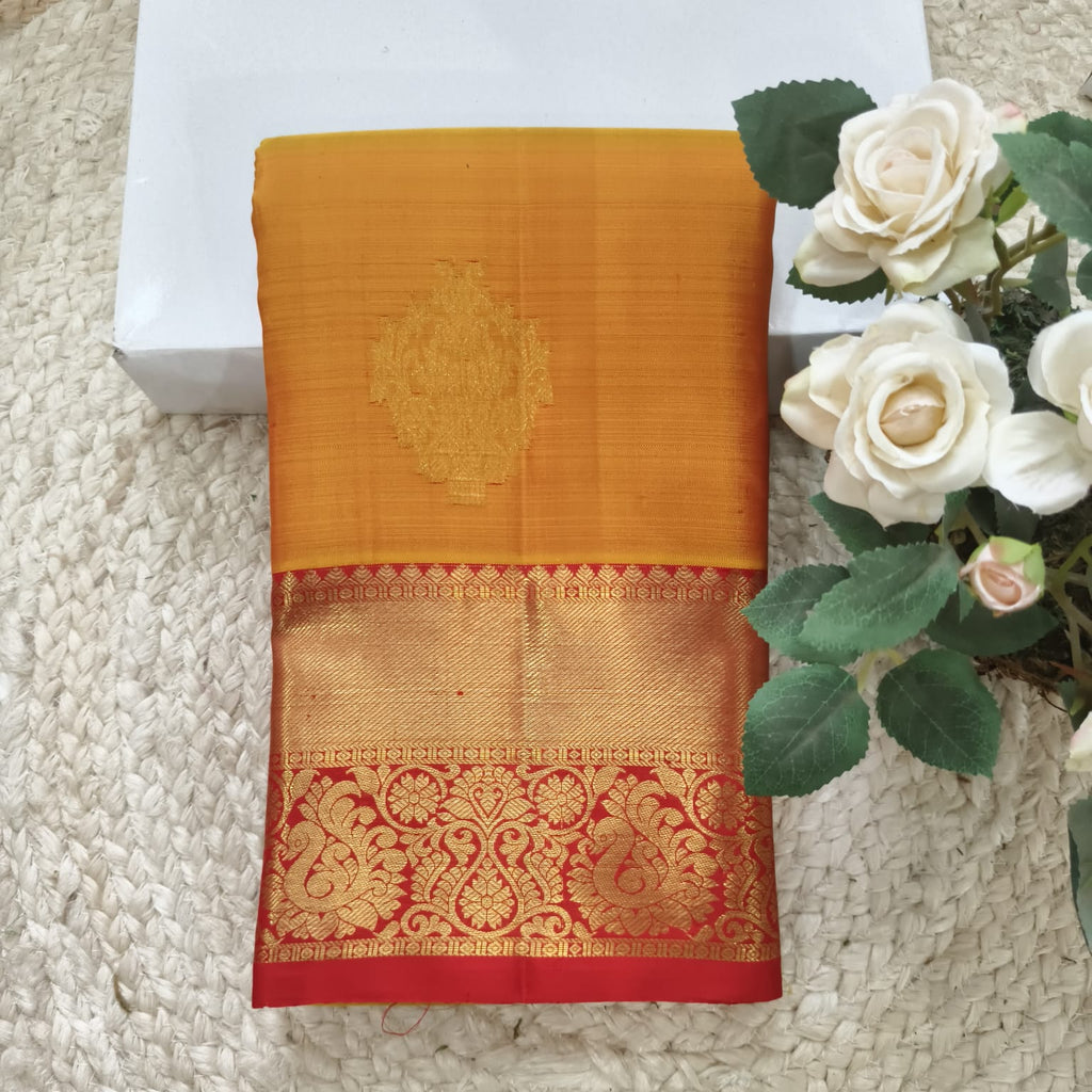 Pure Handloom Kanchipuram Silk Saree - Yellow and Dark Red Contrast