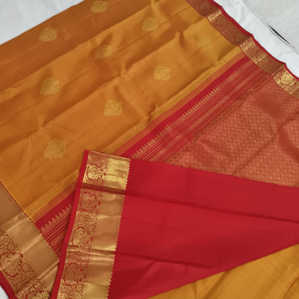 Pure Handloom Kanchipuram Silk Saree - Yellow and Dark Red Contrast