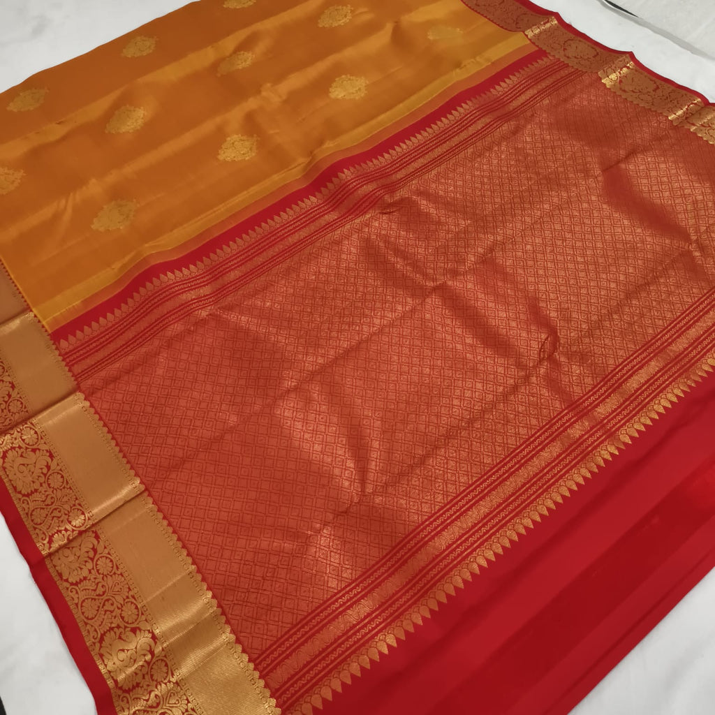 Pure Handloom Kanchipuram Silk Saree - Yellow and Dark Red Contrast