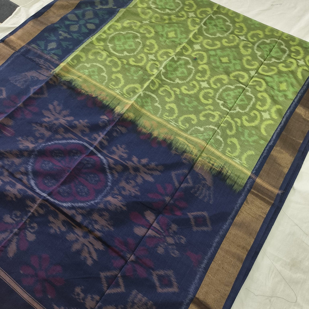 Silk Cotton Saree – Light Green and Navy Blue