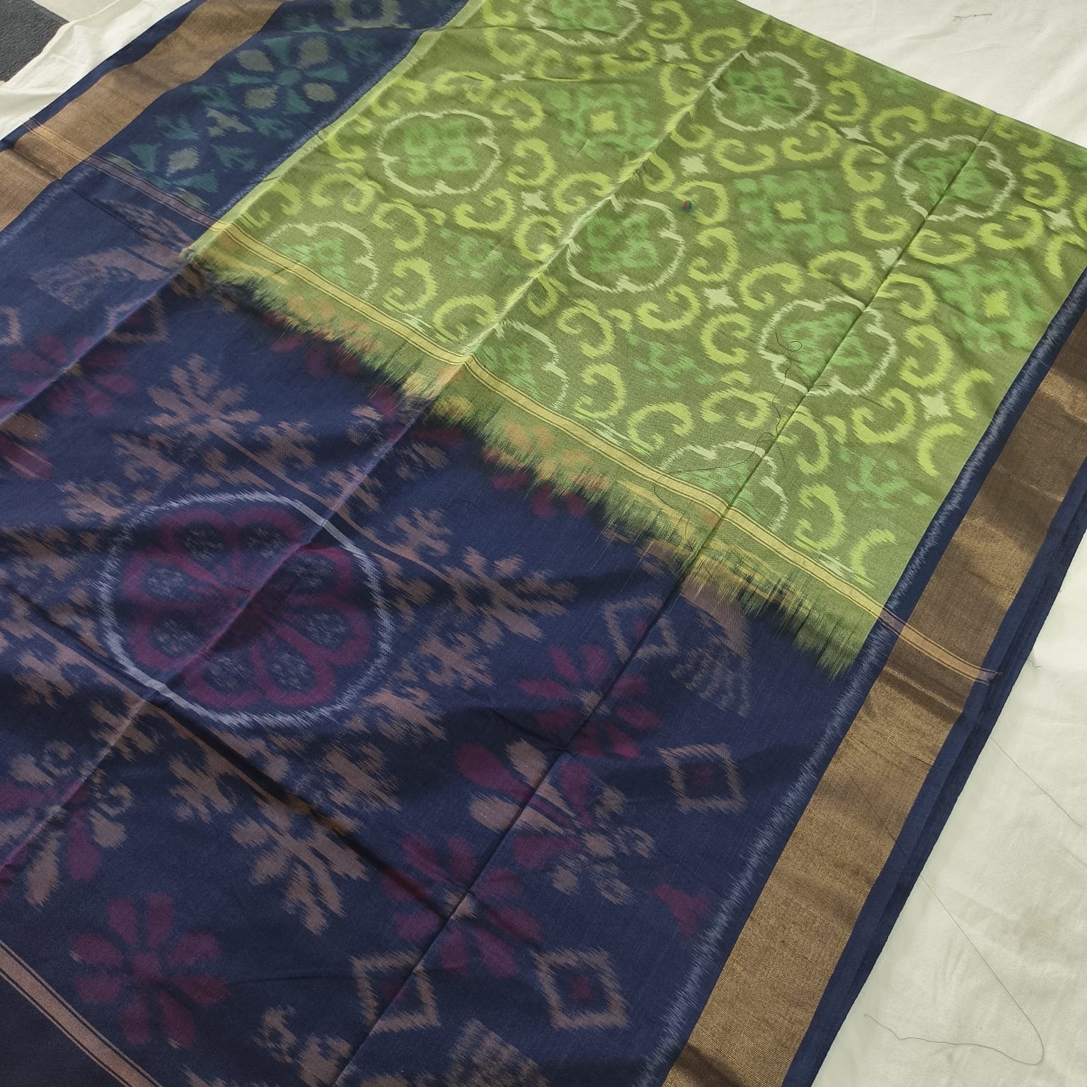 Silk Cotton Saree – Light Green and Navy Blue