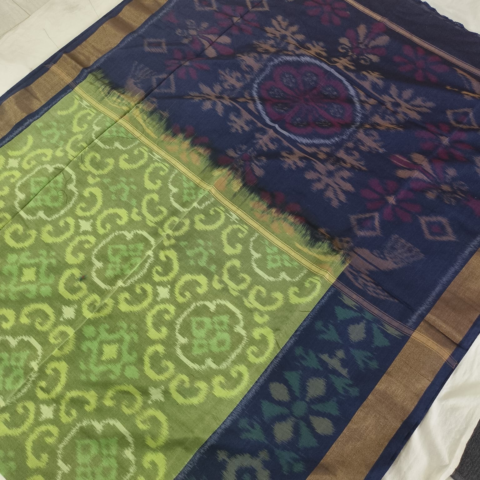 Silk Cotton Saree – Light Green and Navy Blue