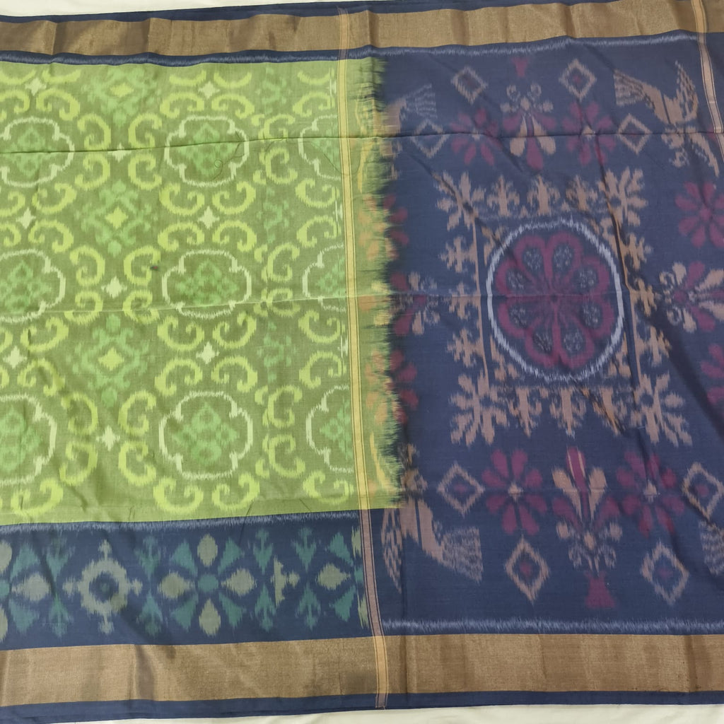 Silk Cotton Saree – Light Green and Navy Blue