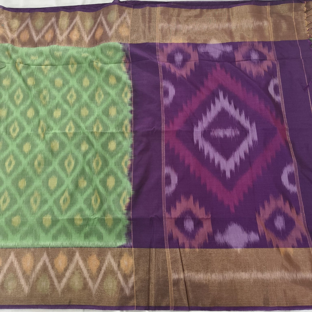 Silk Cotton Saree –Green and Deep Wine