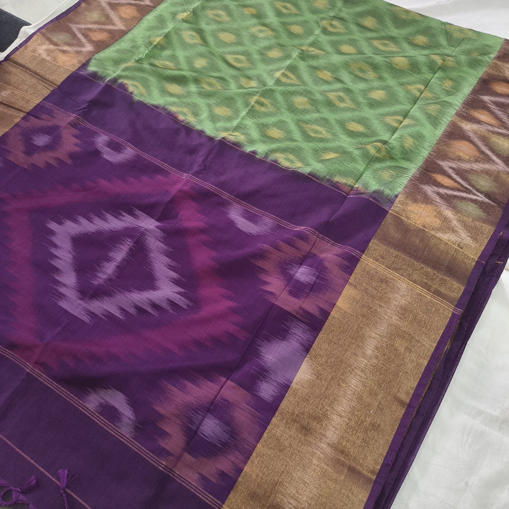 Silk Cotton Saree –Green and Deep Wine