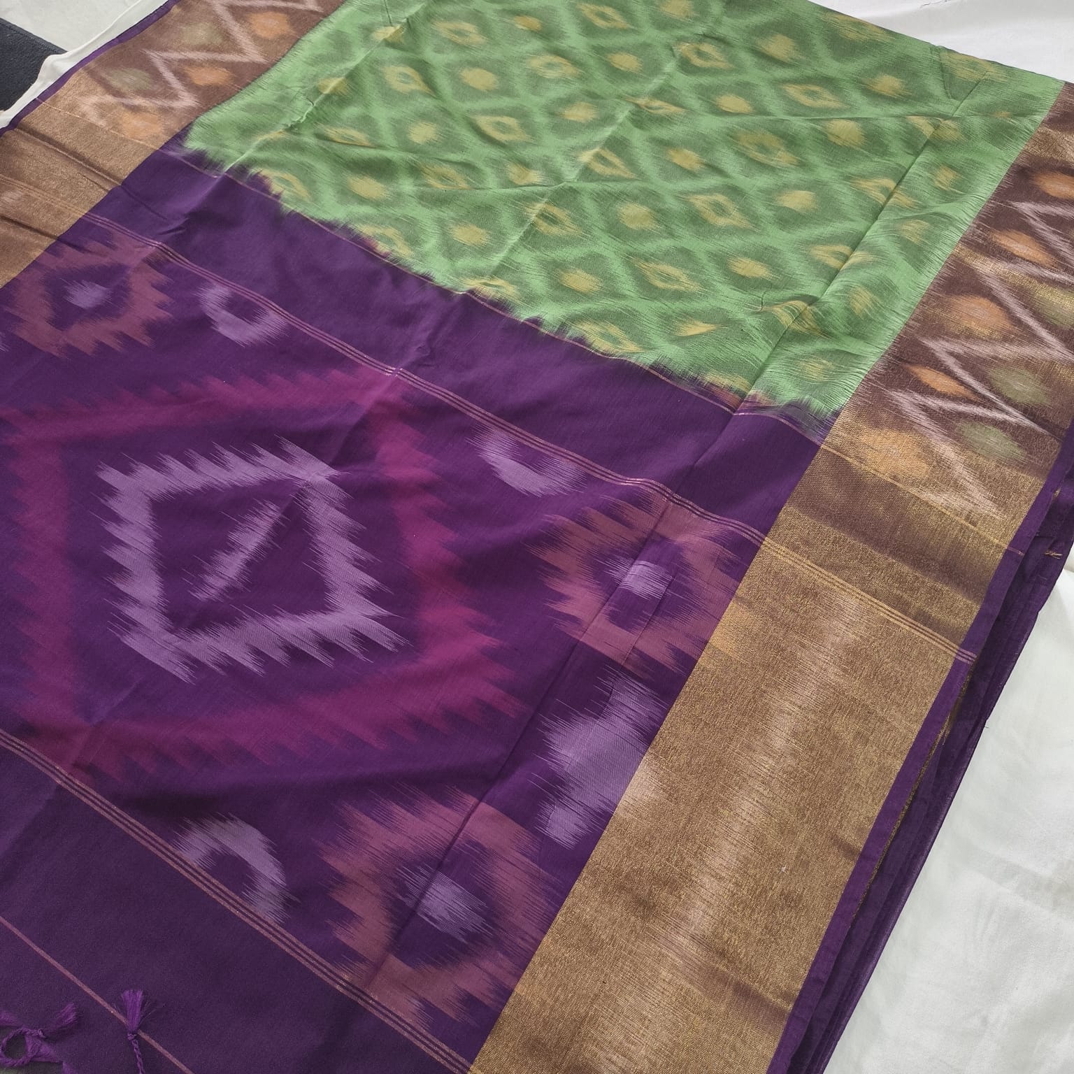 Silk Cotton Saree –Green and Deep Wine