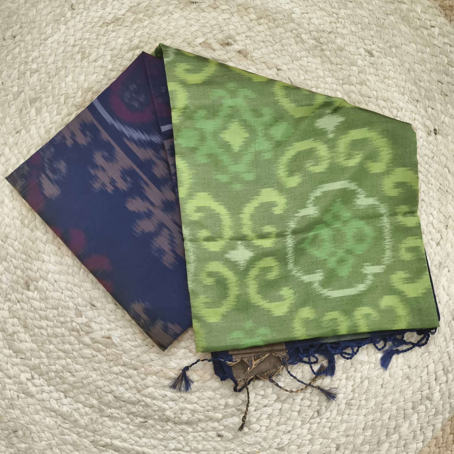 Silk Cotton Saree – Light Green and Navy Blue