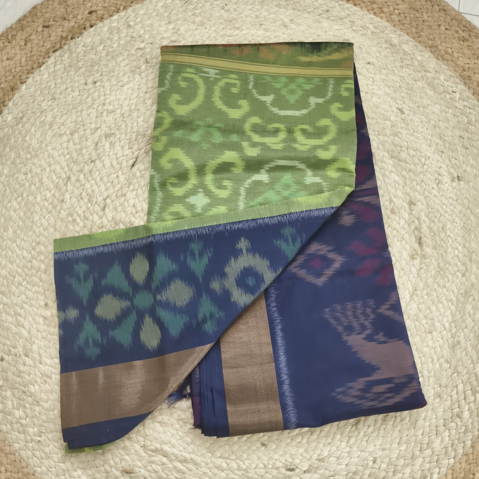 Silk Cotton Saree – Light Green and Navy Blue