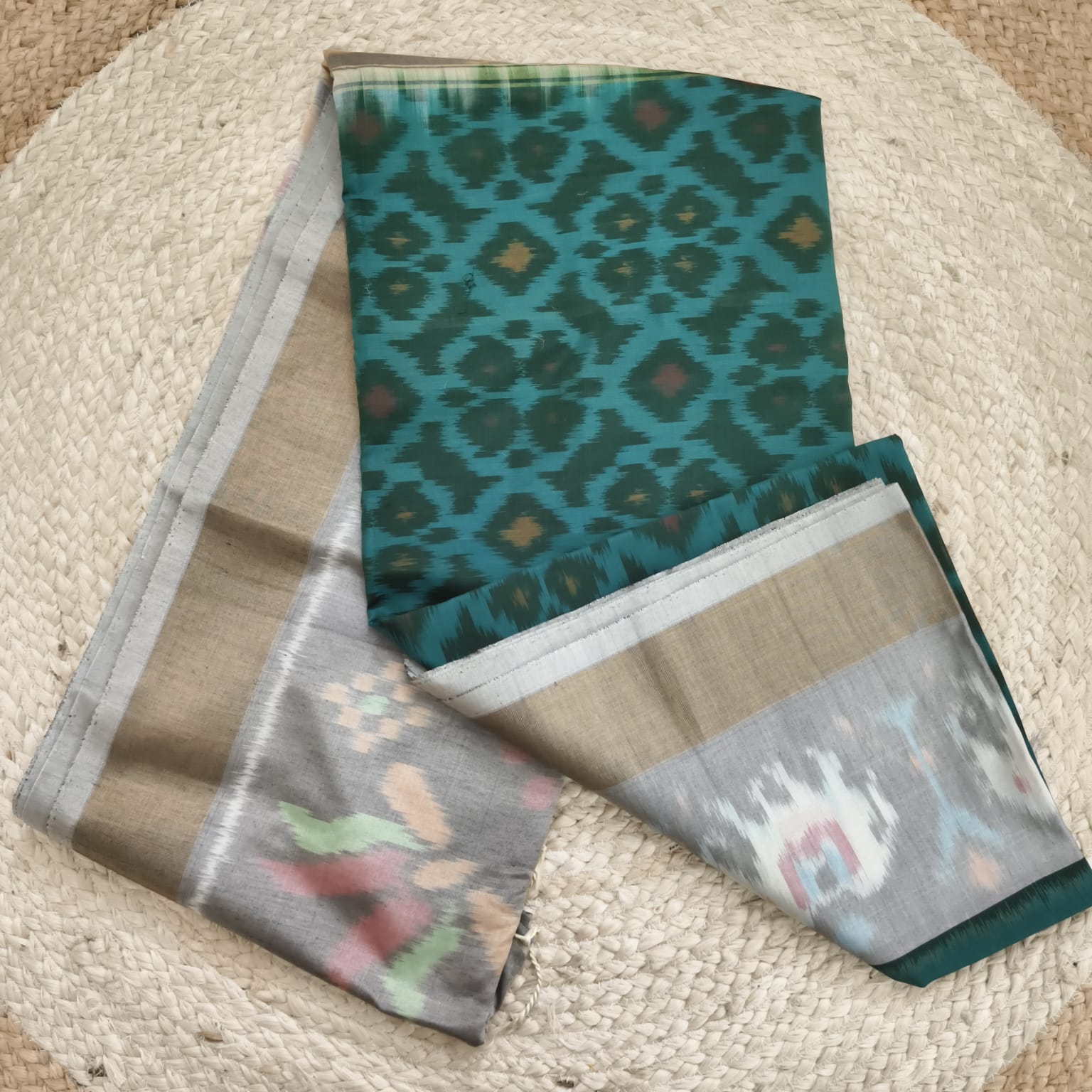 Silk Cotton Saree – Teal and Grey