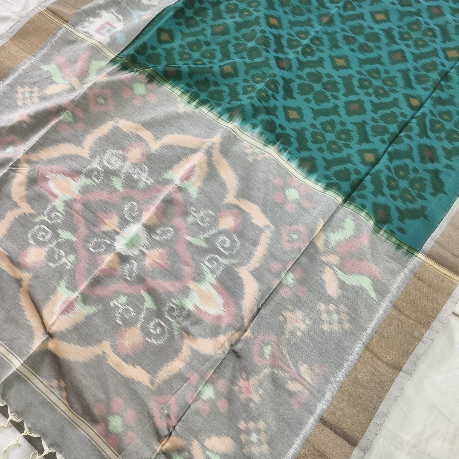Silk Cotton Saree – Teal and Grey