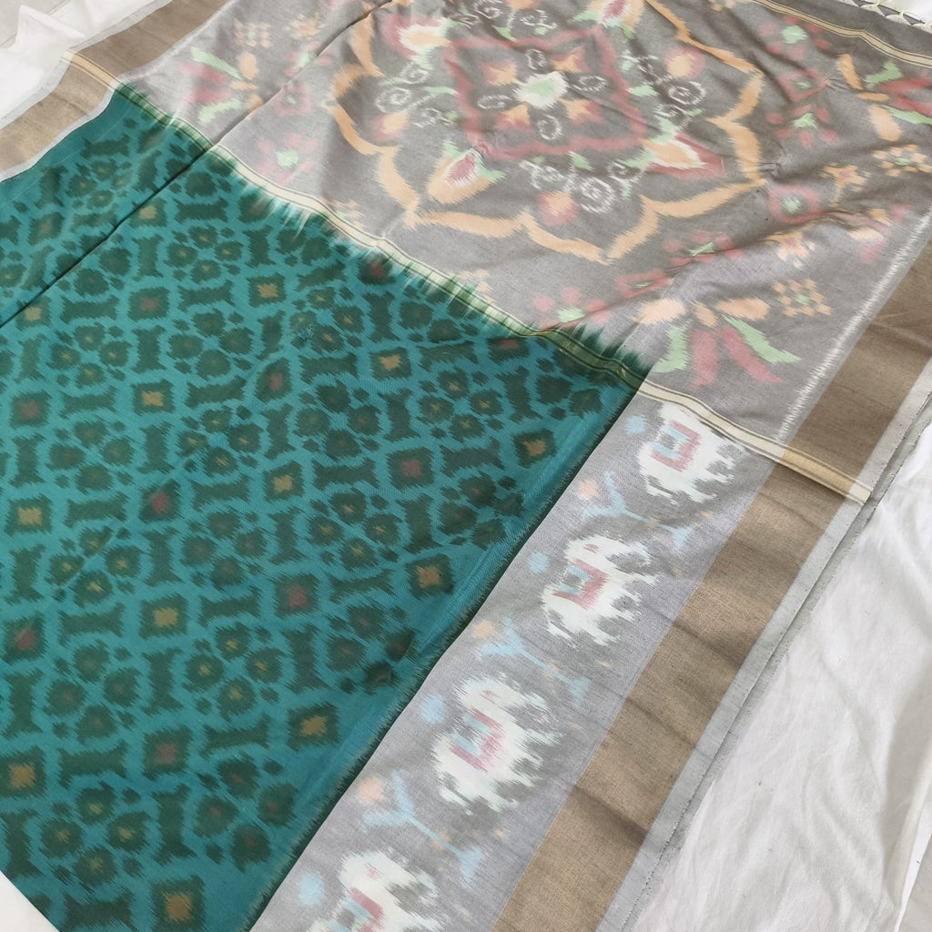 Silk Cotton Saree – Teal and Grey