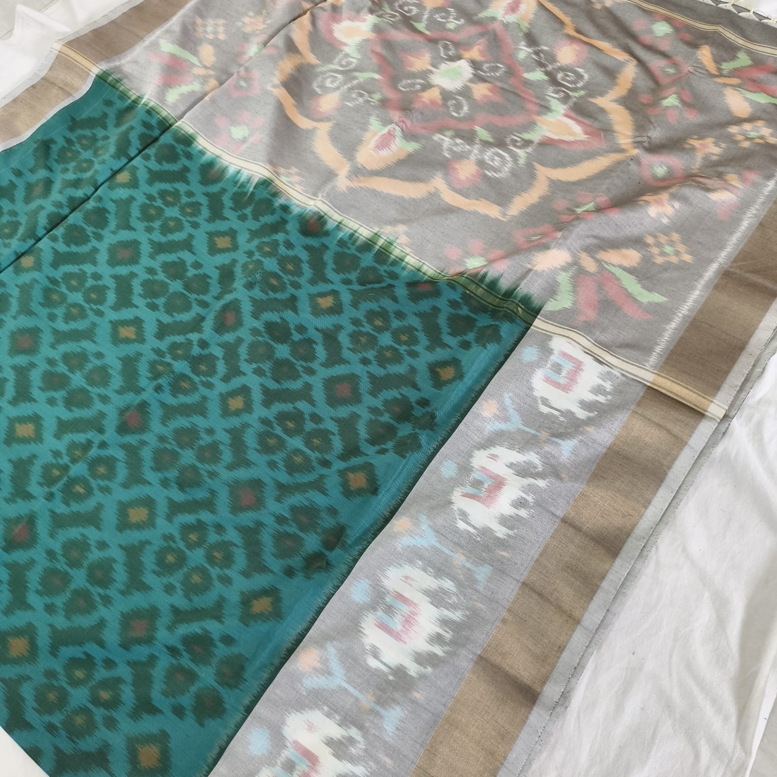 Silk Cotton Saree – Teal and Grey