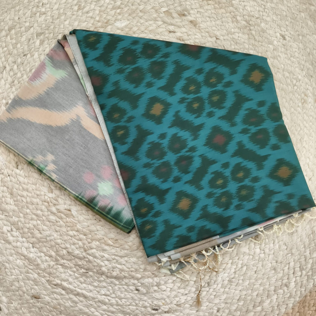 Silk Cotton Saree – Teal and Grey