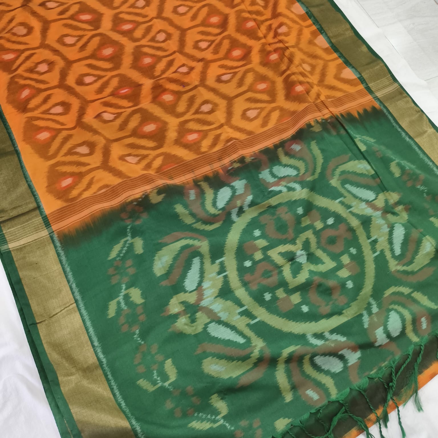 Silk Cotton Saree – Light Orange and Green