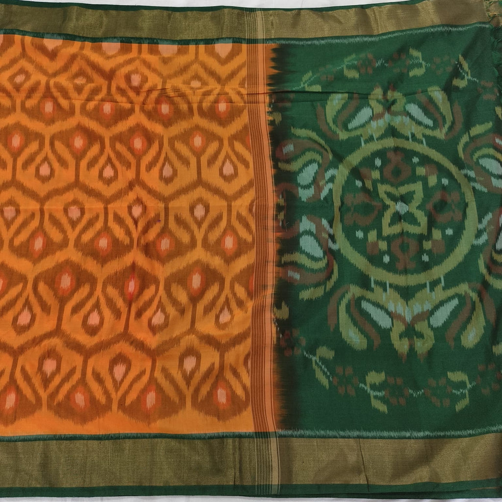 Silk Cotton Saree – Light Orange and Green