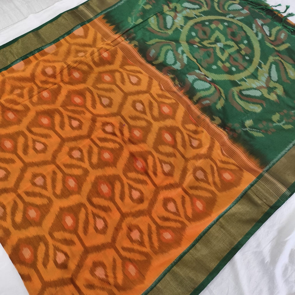 Silk Cotton Saree – Light Orange and Green