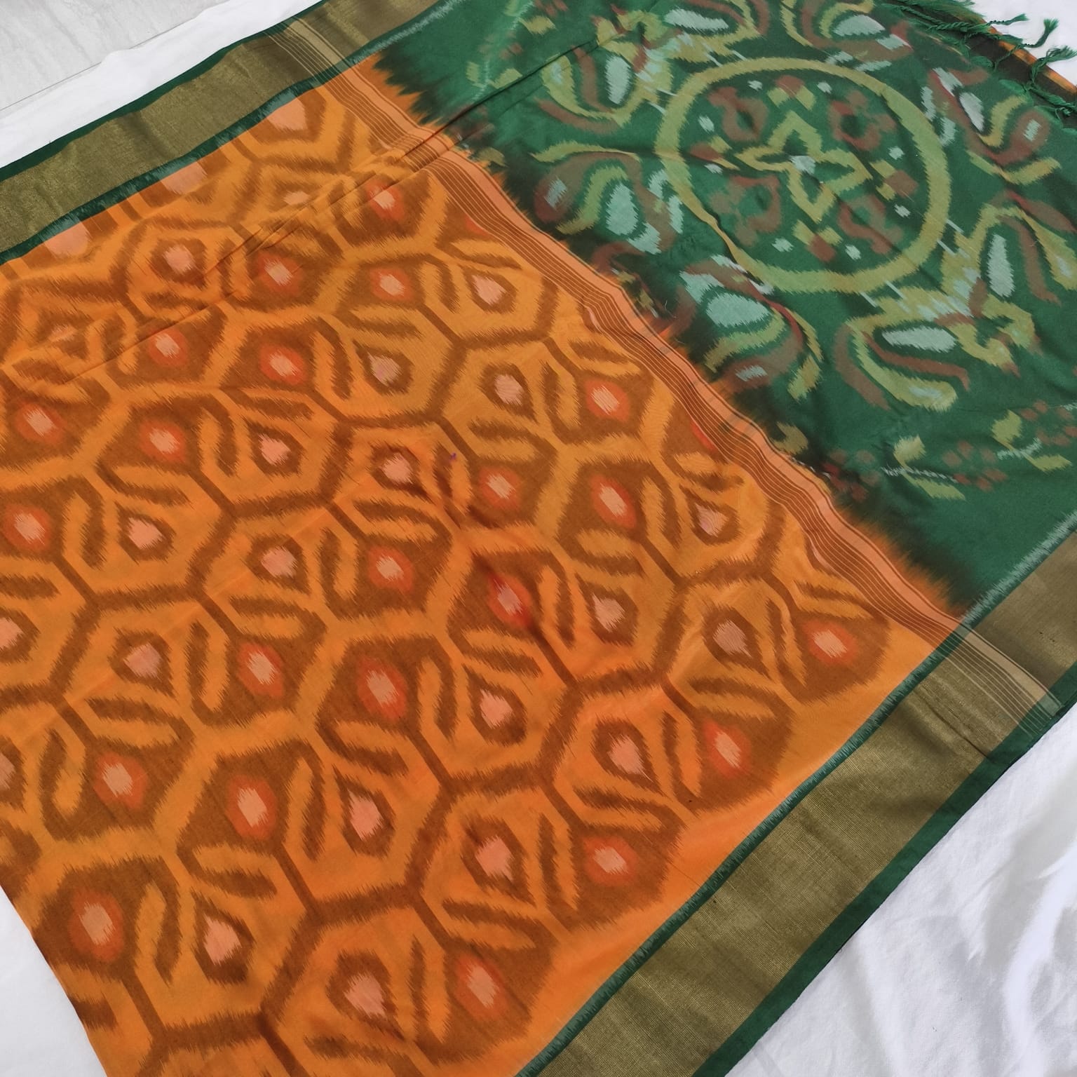 Silk Cotton Saree – Light Orange and Green
