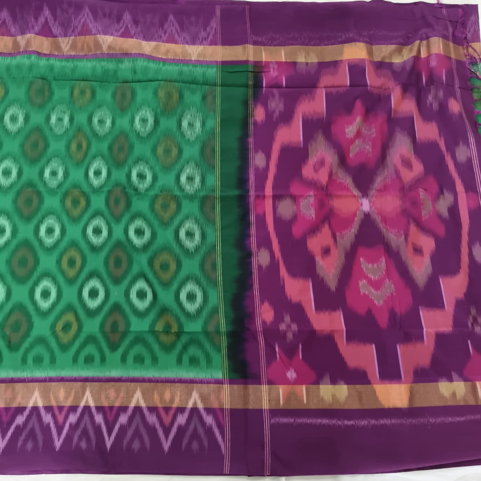 Silk Cotton Saree – Dark Green and Wine