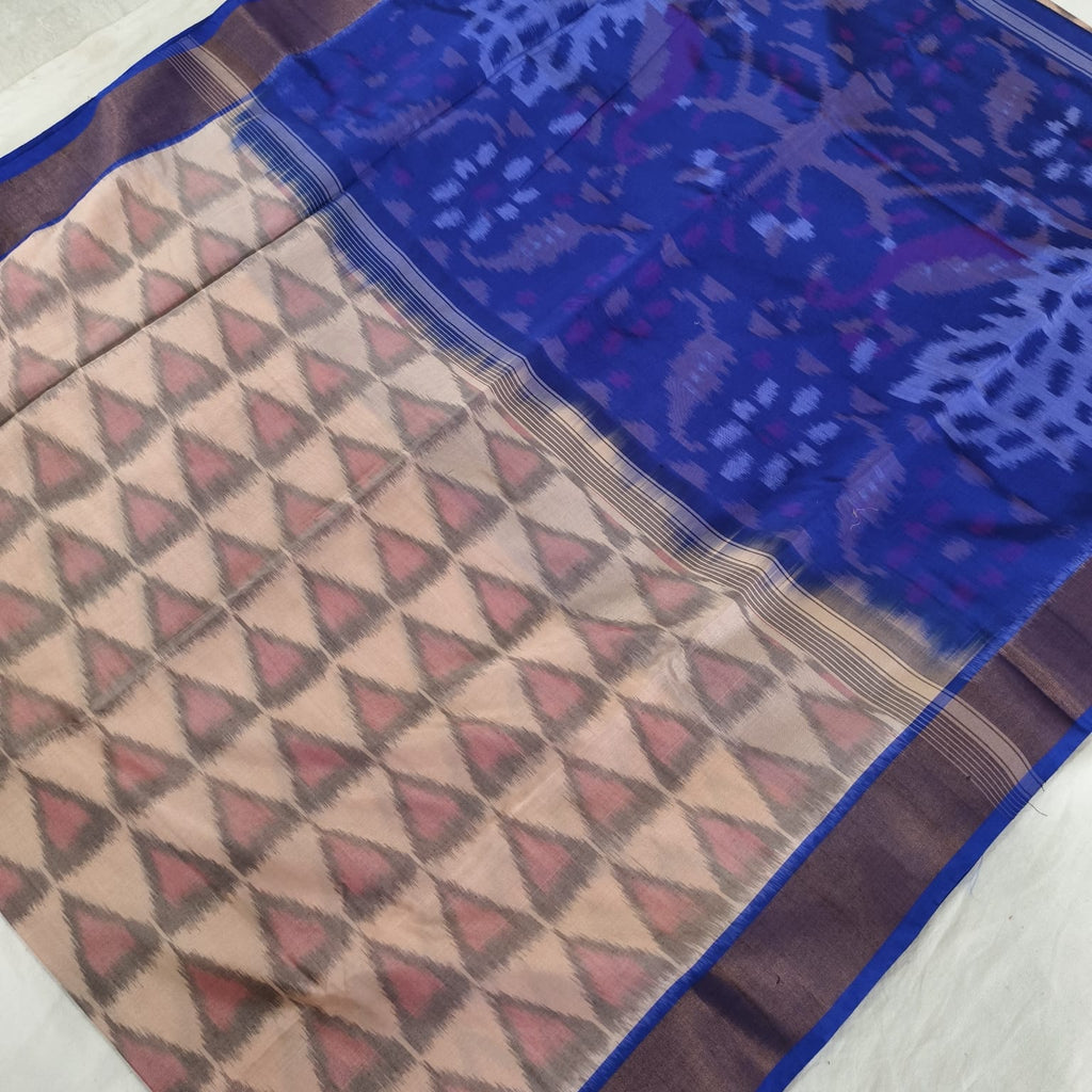 Silk Cotton Saree – Peach and Royal Blue
