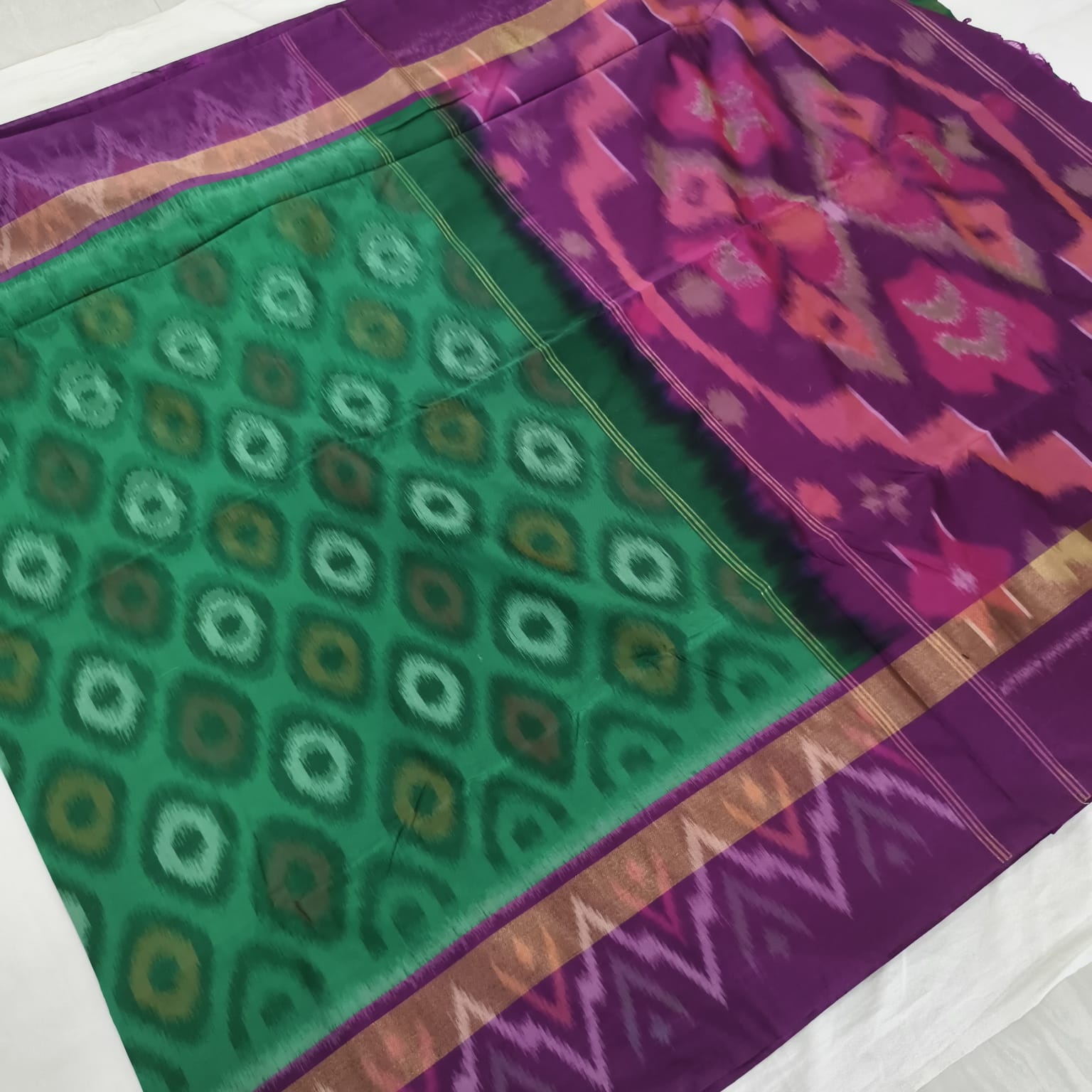 Silk Cotton Saree – Dark Green and Wine