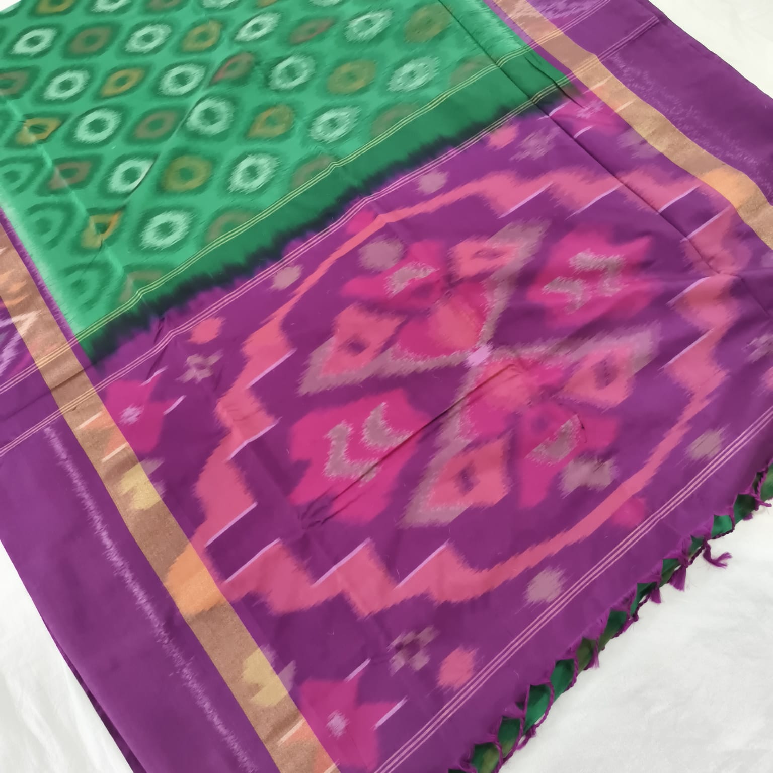 Silk Cotton Saree – Dark Green and Wine