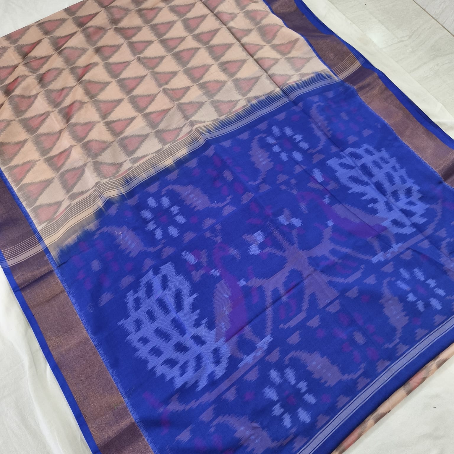 Silk Cotton Saree – Peach and Royal Blue