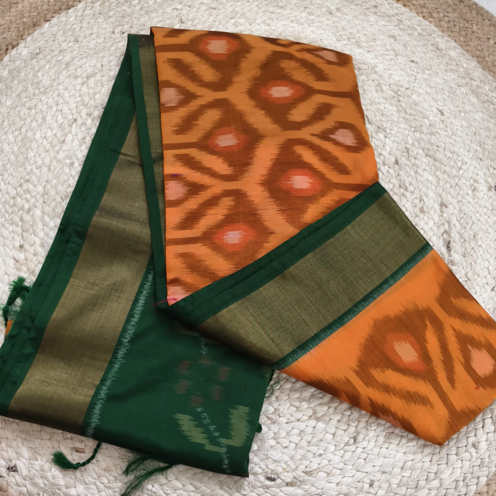 Silk Cotton Saree – Light Orange and Green