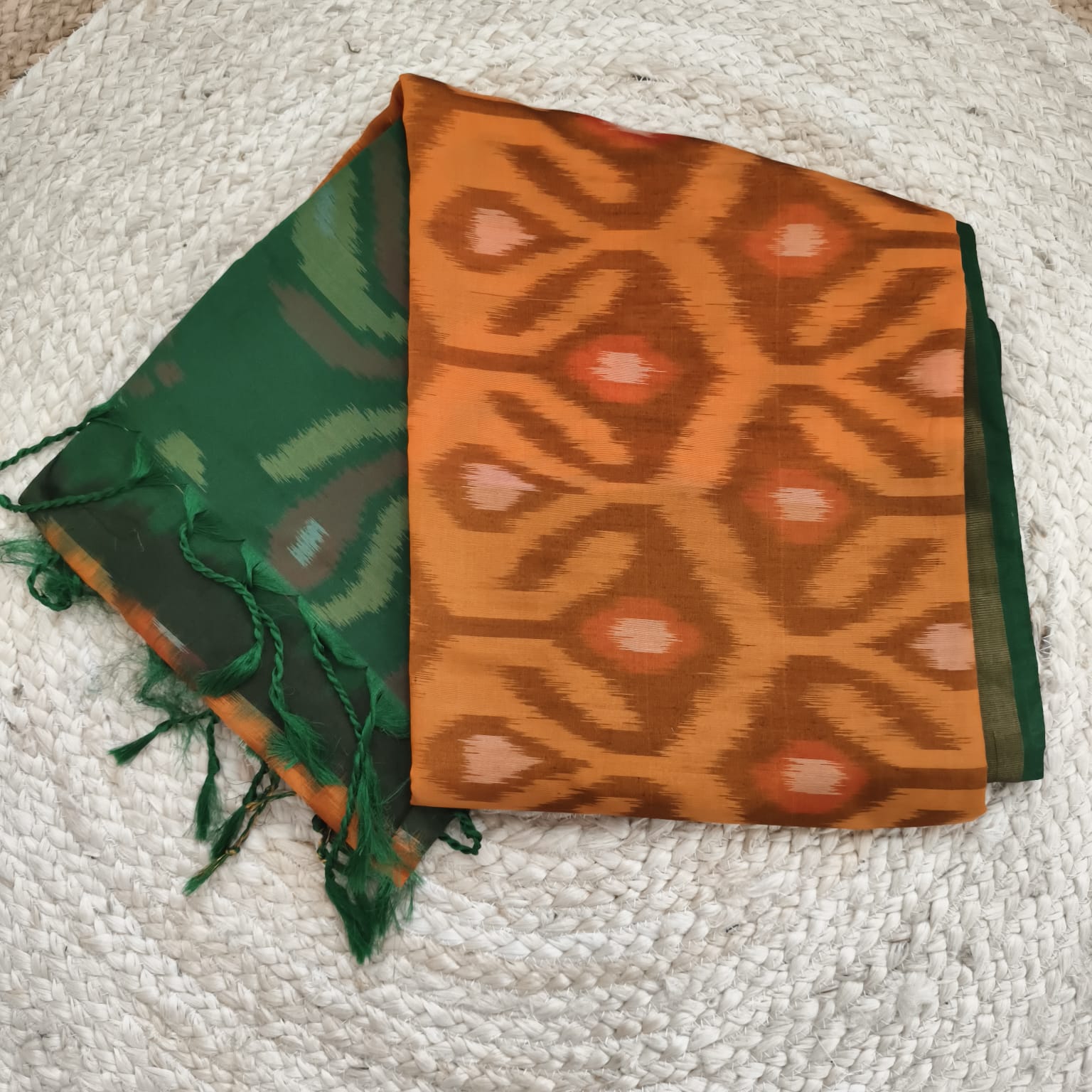 Silk Cotton Saree – Light Orange and Green