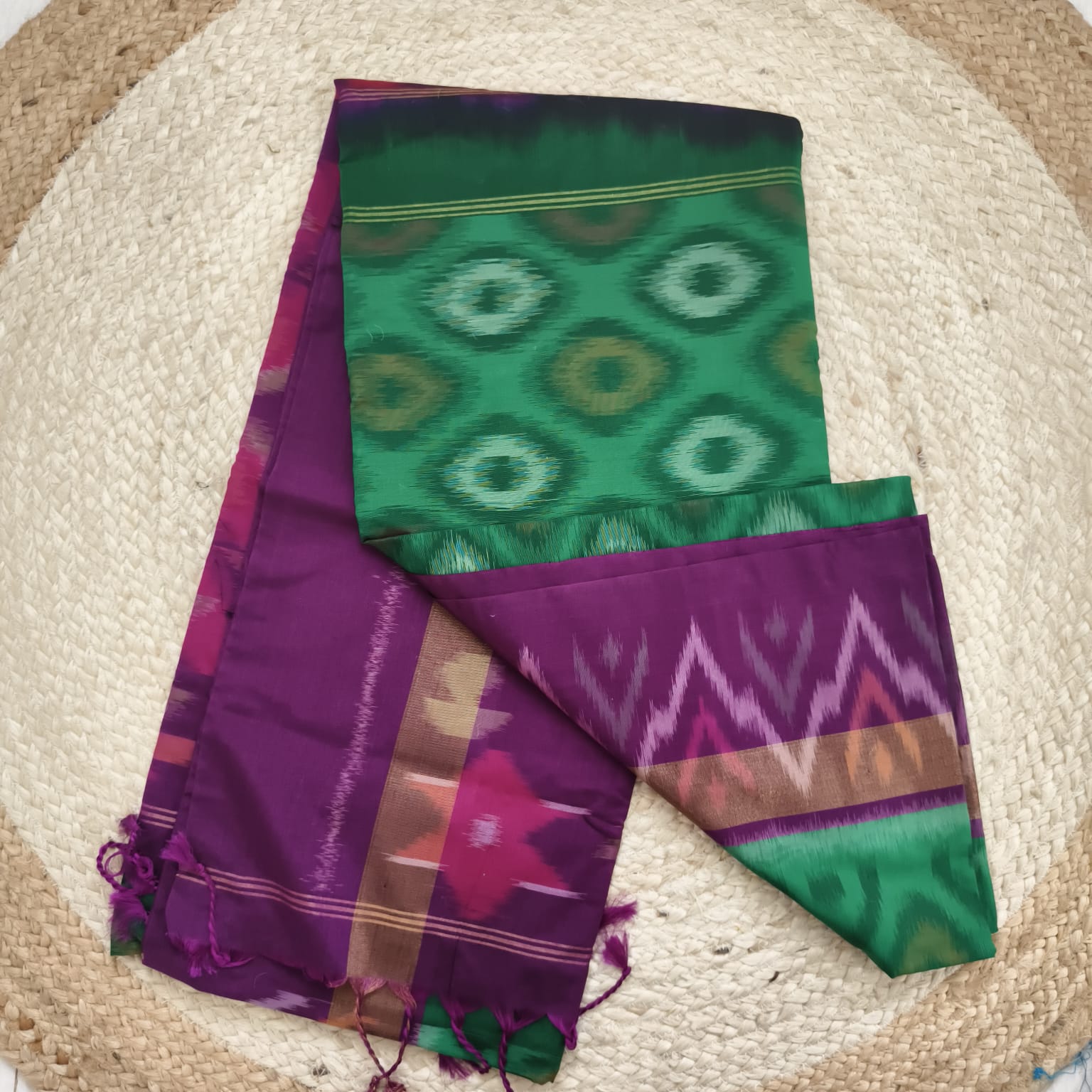 Silk Cotton Saree – Dark Green and Wine