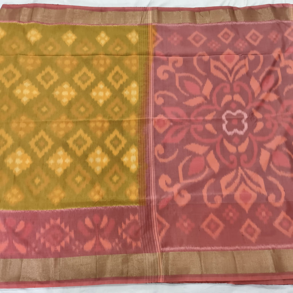 Silk Cotton Saree – Mustard Yellow and Peach