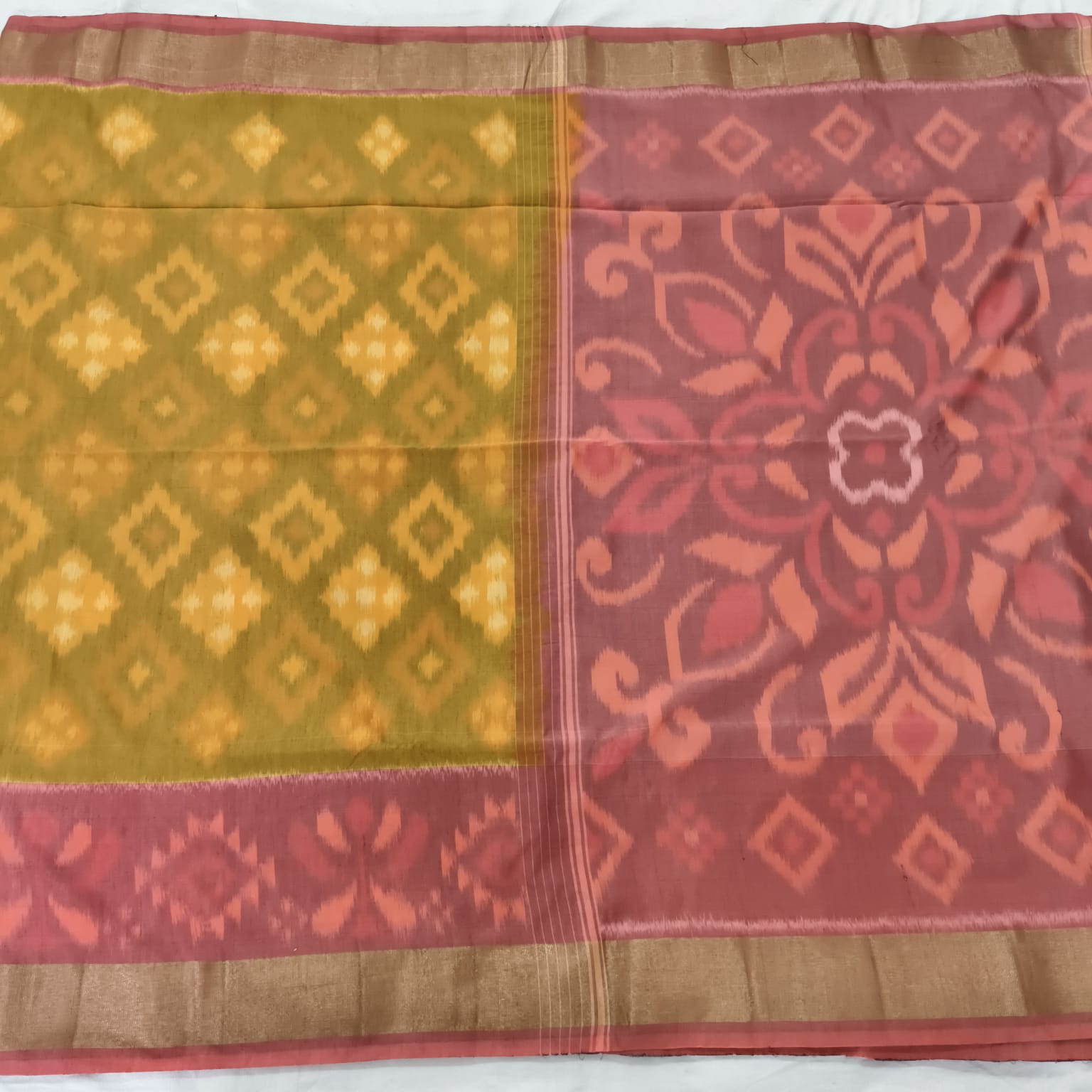 Silk Cotton Saree – Mustard Yellow and Peach